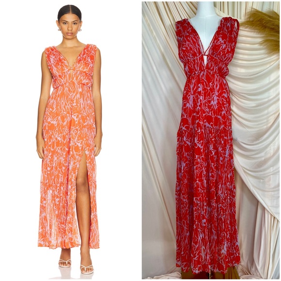 Astr Dresses & Skirts - ASTR Pescadero Dress In Red Orange Abstract Plunge‎ Cut Out Pleated Gown Medium